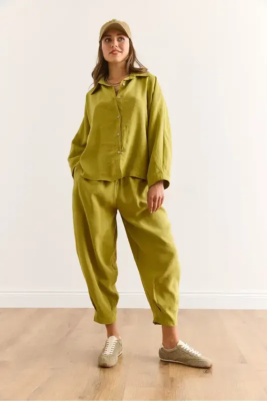 Woman Oil Green Top Shirt Bottom Shalwar Pants Mo - 2