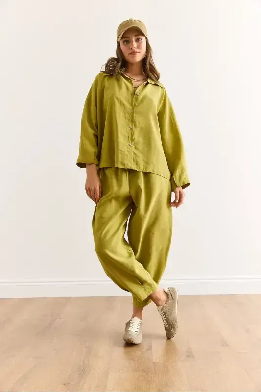 Woman Oil Green Top Shirt Bottom Shalwar Pants Mo - 3