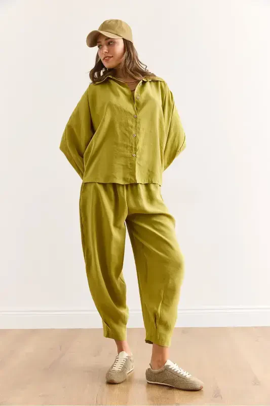 Woman Oil Green Top Shirt Bottom Shalwar Pants Mo - 4