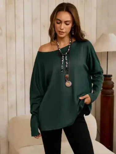 Woman One Shoulder Batwing Sleeve Waffle Blouse - BÜYÜKBEDENIZ (1)