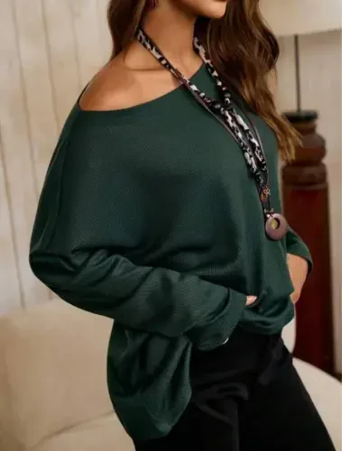 Woman One Shoulder Batwing Sleeve Waffle Blouse - 3