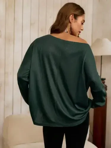 Woman One Shoulder Batwing Sleeve Waffle Blouse - 4