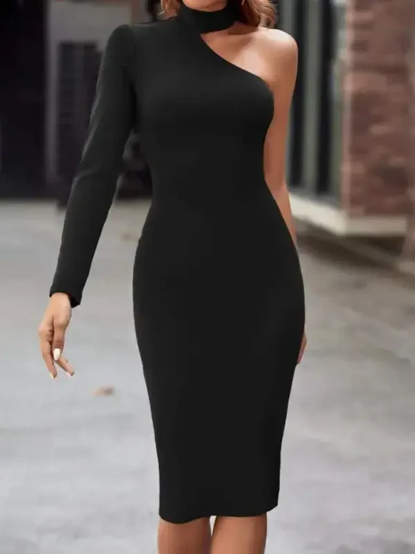 Woman One Shoulder Cut Out Long Sleeve Turtleneck Midi Imported Crepe Dress - 4