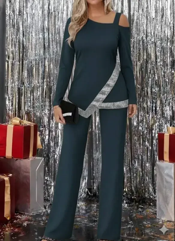 Woman One Shoulder Long Sleeve Sequin Detail Imported Crepe Blouse and Pants - 1