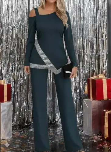 Woman One Shoulder Long Sleeve Sequin Detail Imported Crepe Blouse and Pants - 3