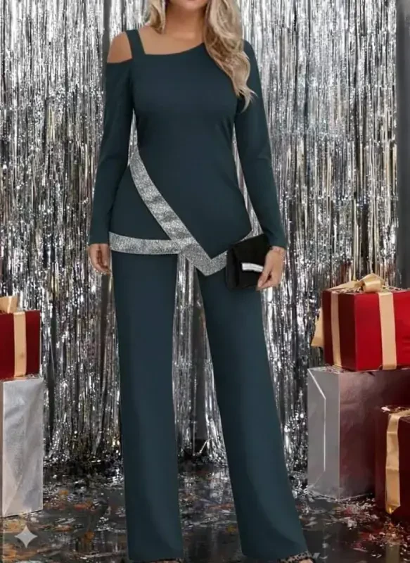 Woman One Shoulder Long Sleeve Sequin Detail Imported Crepe Blouse and Pants - 3