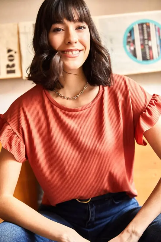 Woman Onion Peel Sleeve Frill Corset T-Shirt T - 2