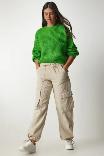 Woman Open Green Balloon Sleeve Basic Knitwear Sweater BV00098-Green - 3