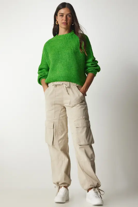 Woman Open Green Balloon Sleeve Basic Knitwear Sweater BV00098-Green - 4