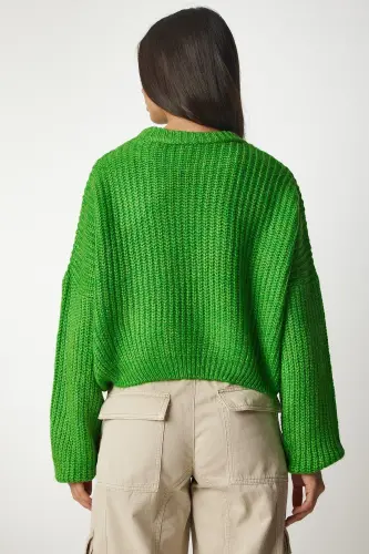 Woman Open Green Balloon Sleeve Basic Knitwear Sweater BV00098-Green - 7