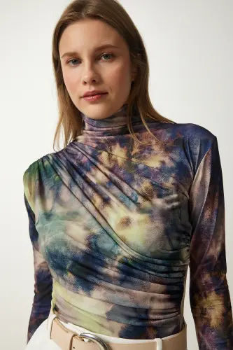 Woman Open Green Draped Stand-up Collar Sandy Blouse FF00138-Open Green - 1