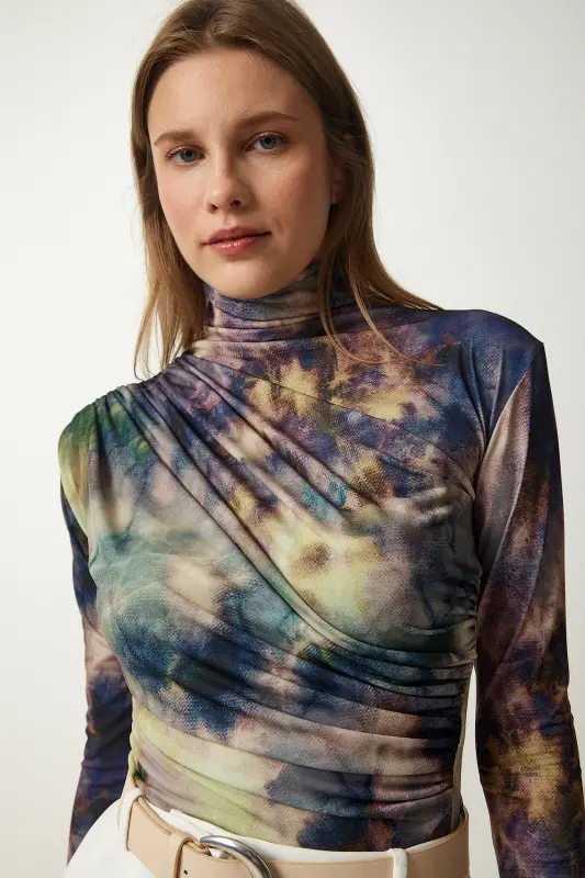 Woman Open Green Draped Stand-up Collar Sandy Blouse FF00138-Open Green - HAPPINESS İSTANBUL