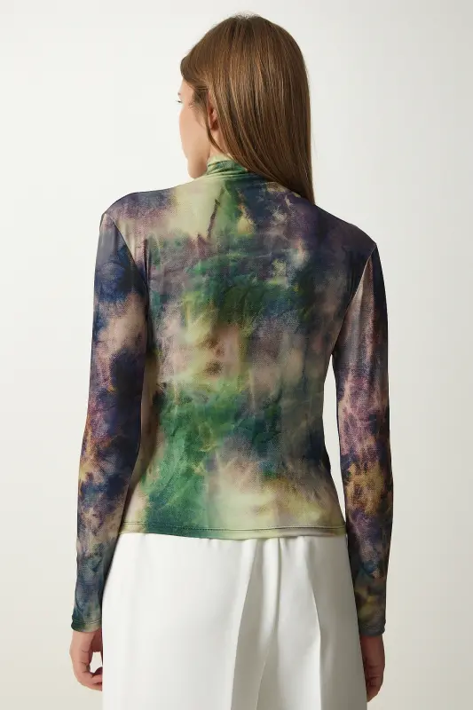 Woman Open Green Draped Stand-up Collar Sandy Blouse FF00138-Open Green - 3