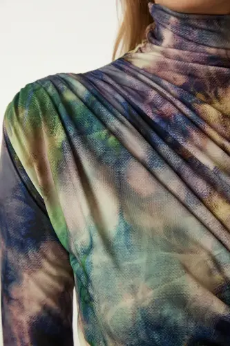 Woman Open Green Draped Stand-up Collar Sandy Blouse FF00138-Open Green - 4