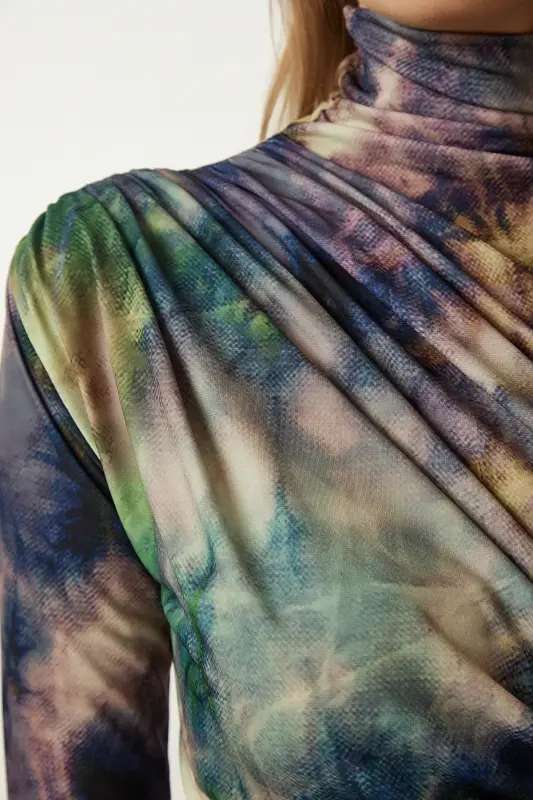 Woman Open Green Draped Stand-up Collar Sandy Blouse FF00138-Open Green - 4