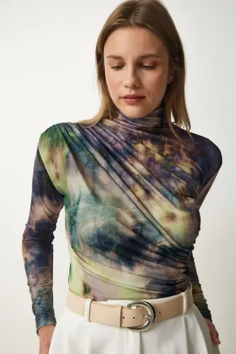 Woman Open Green Draped Stand-up Collar Sandy Blouse FF00138-Open Green - 5