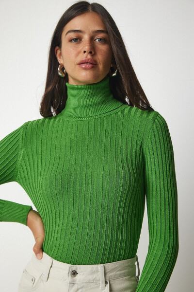Woman Open Green Fisherman Knitted Basic Sweater bv00095 - 3