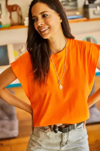 Woman Orange Arm Detail Patchwork Bat T-Shirt TS - 4