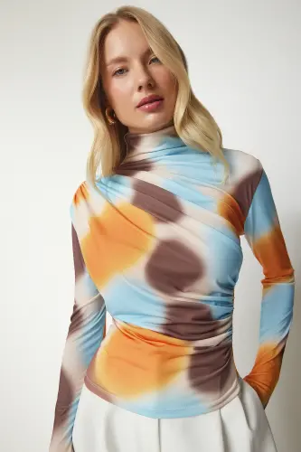 Woman Orange Blue Draped Stand-up Collar Sandy Blouse FF00138-Orange Blue 