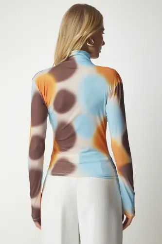Woman Orange Blue Draped Stand-up Collar Sandy Blouse FF00138-Orange Blue - 6