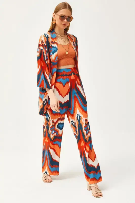 Woman Orange Blue Top Kimono Bottom Pocketed Pants Suit TKM-19000276-Orange Blue - Modazone
