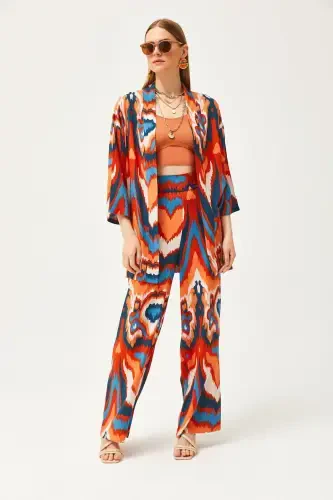 Woman Orange Blue Top Kimono Bottom Pocketed Pants Suit TKM-19000276-Orange Blue - Modazone (1)