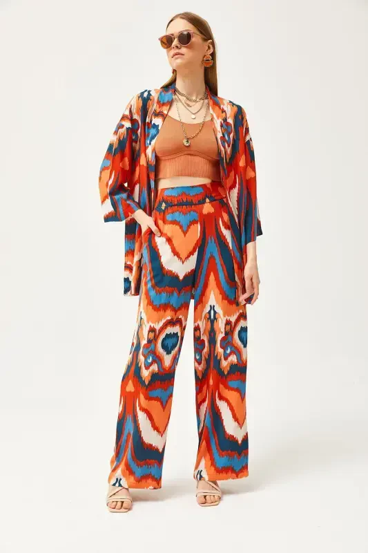 Woman Orange Blue Top Kimono Bottom Pocketed Pants Suit TKM-19000276-Orange Blue - 5