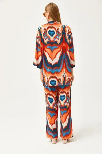Woman Orange Blue Top Kimono Bottom Pocketed Pants Suit TKM-19000276-Orange Blue - 7