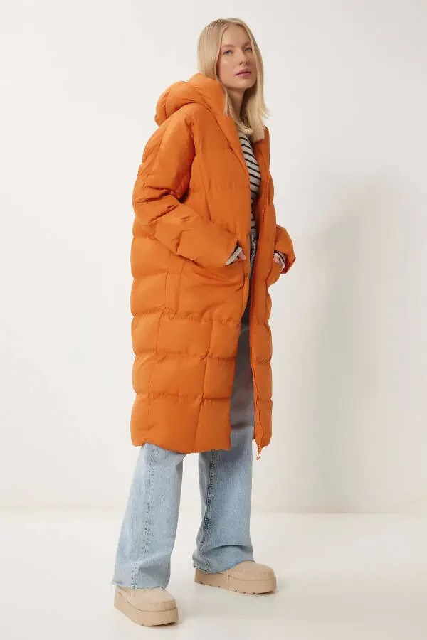 Woman Orange Hooded Oversize Long Padded Coat NT00428 - 1