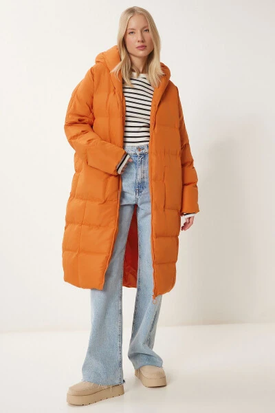 Woman Orange Hooded Oversize Long Padded Coat NT00428 - HAPPINESS İSTANBUL (1)