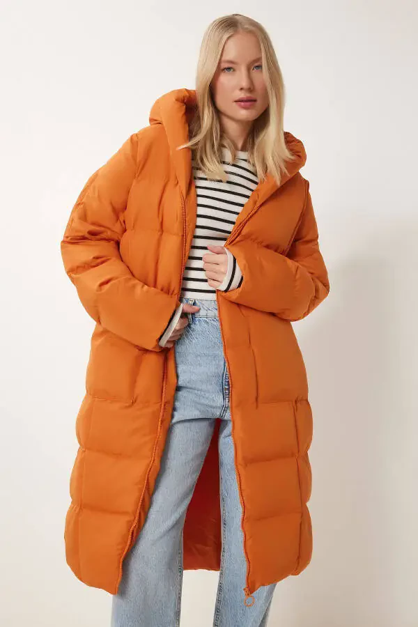 Woman Orange Hooded Oversize Long Padded Coat NT00428 - 3