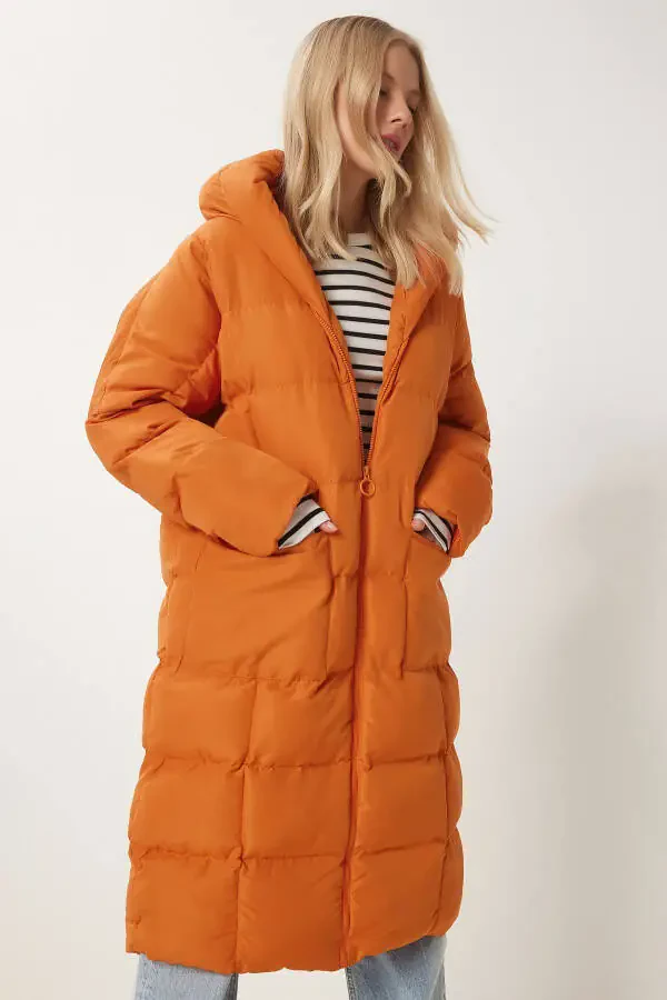 Woman Orange Hooded Oversize Long Padded Coat NT00428 - 4
