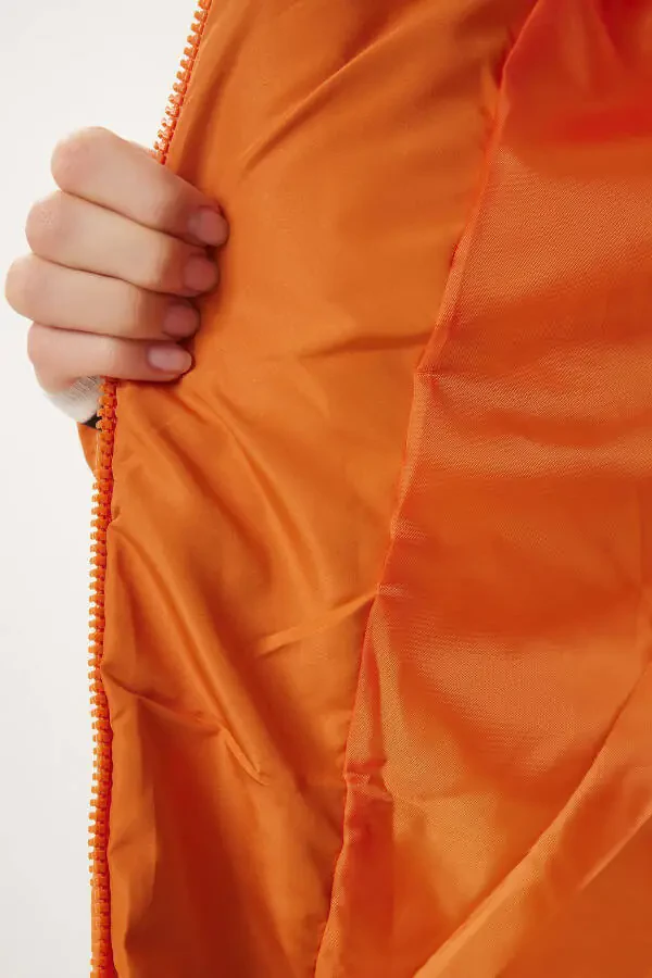 Woman Orange Hooded Oversize Long Padded Coat NT00428 - 6