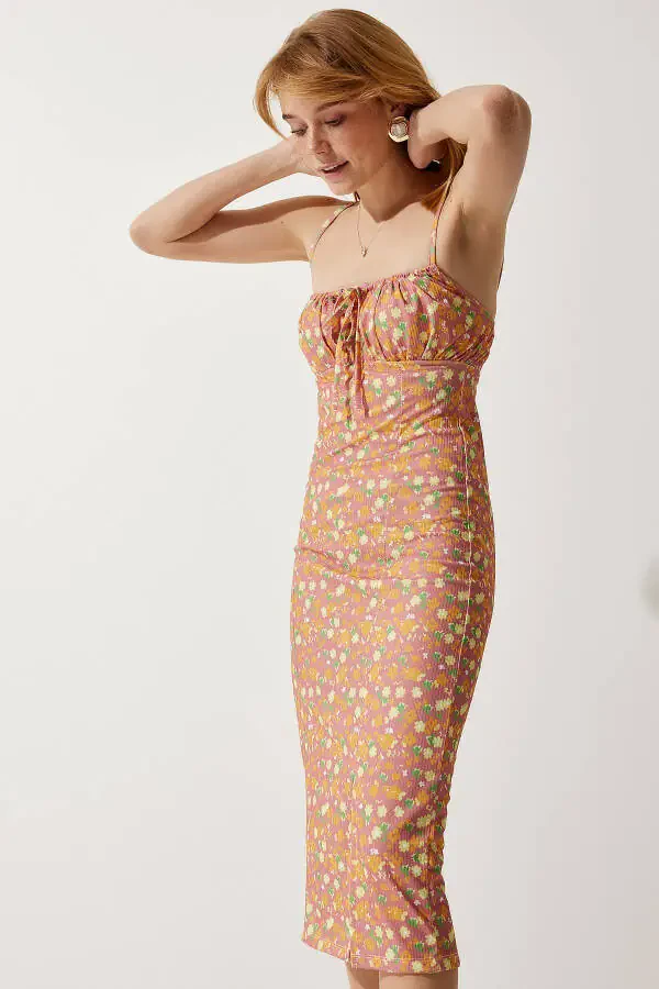 Woman Orange Pink Floral Slit Summer Knitted Dress - 1