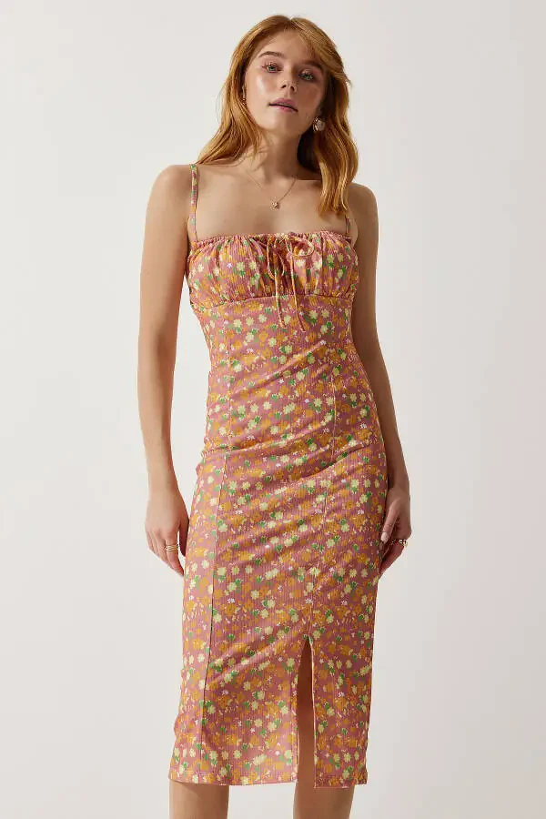Woman Orange Pink Floral Slit Summer Knitted Dress - 2
