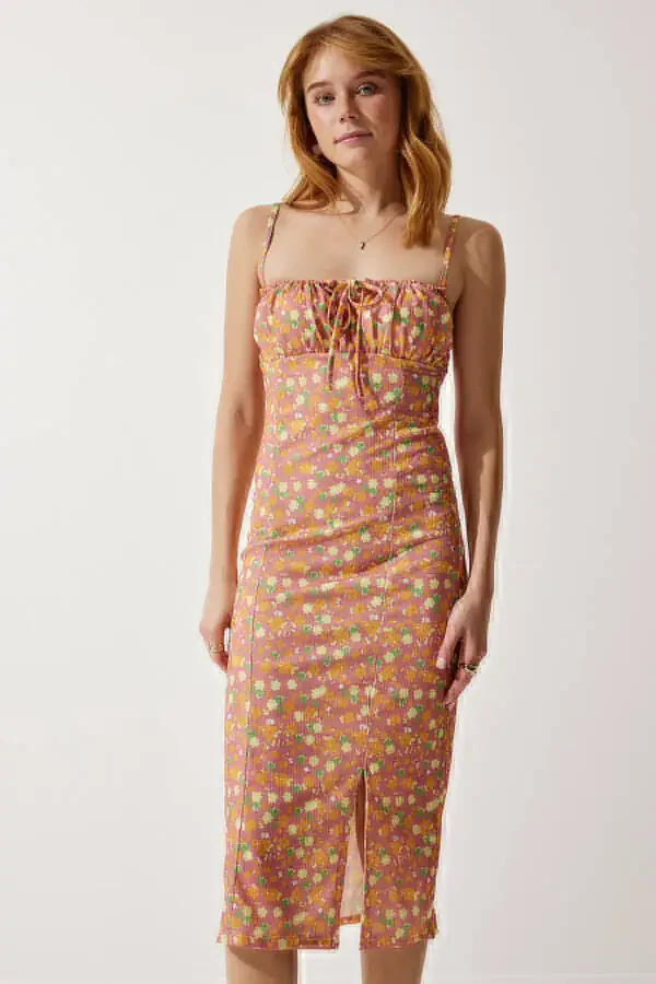 Woman Orange Pink Floral Slit Summer Knitted Dress - 3