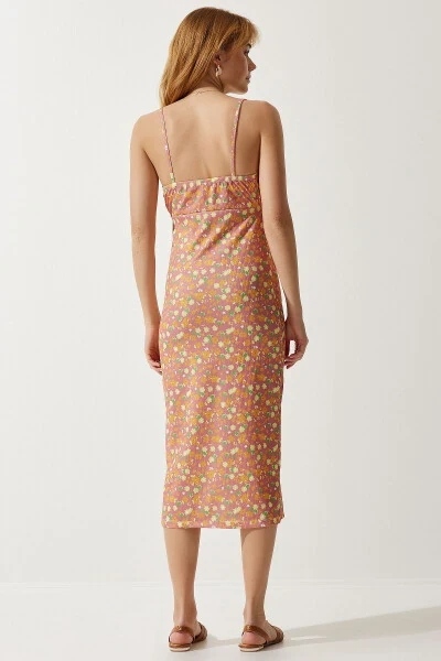 Woman Orange Pink Floral Slit Summer Knitted Dress - 6