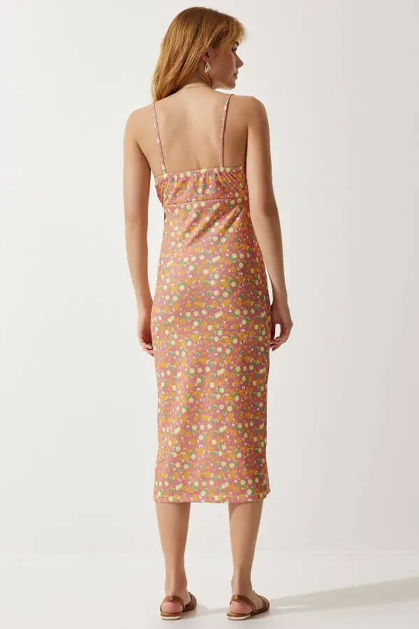 Woman Orange Pink Floral Slit Summer Knitted Dress - 6