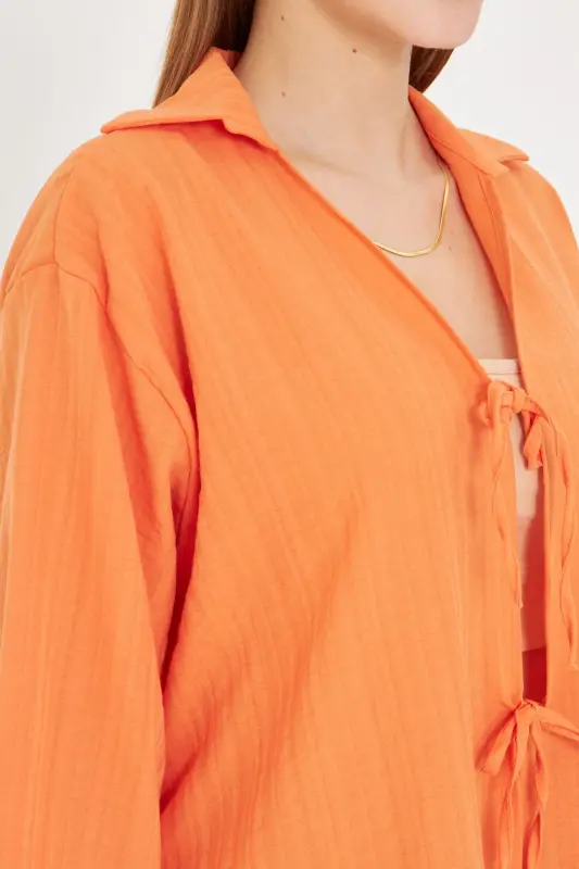 Woman Orange Shirt Collar Lace-up Front Kimono Shirt ARM-25K001006-Orange - 3