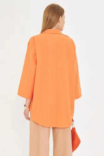 Woman Orange Shirt Collar Lace-up Front Kimono Shirt ARM-25K001006-Orange - 4