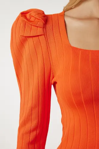 Woman Orange Square Neck Ribbed Knit Blouse YY00159-Orange - 5