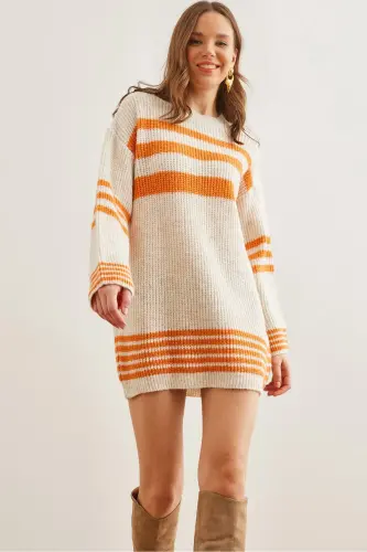 Woman Orange Striped Detailed Soft Textured Knitwear T 