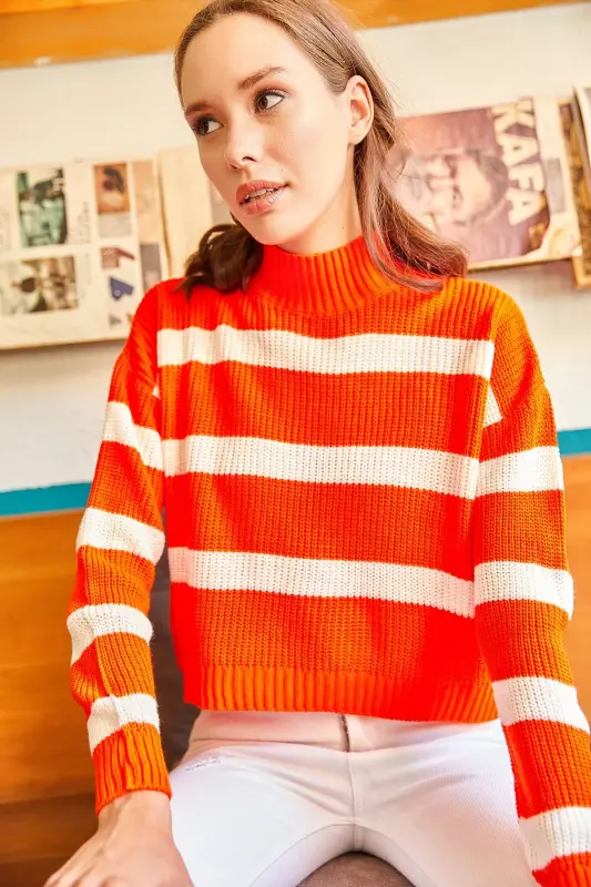 Woman Orange Striped Mock Neck Crop Knit Sweater KZK-19000402-Orange - 3