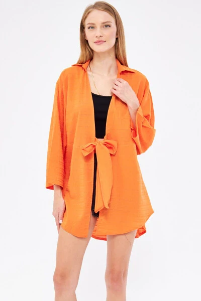 Woman Orange Striped Self-Tie Front Ki - ARMONIKA