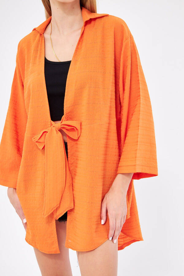 Woman Orange Striped Self-Tie Front Ki - 2