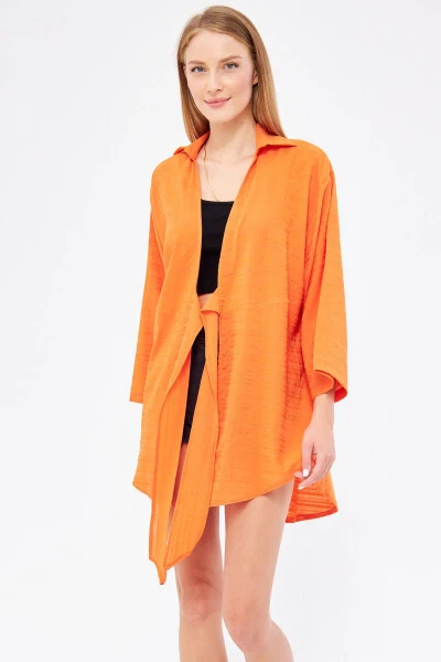 Woman Orange Striped Self-Tie Front Ki - 3