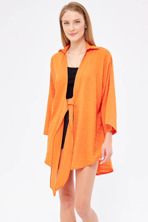 Woman Orange Striped Self-Tie Front Ki - 3