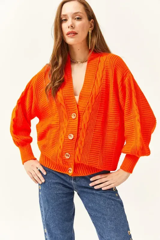 Woman Orange Thick Braided Knitted Cardigan HRK-19000082-Orange - OLALOOK