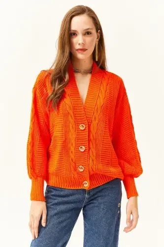 Woman Orange Thick Braided Knitted Cardigan HRK-19000082-Orange - OLALOOK (1)