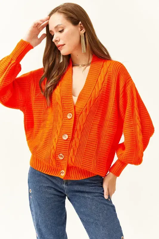 Woman Orange Thick Braided Knitted Cardigan HRK-19000082-Orange - 3